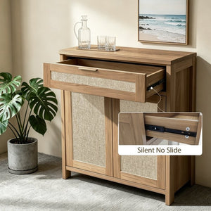 English Elm Rattan Boho Sideboard with Woven Door Panels Gold Hardware and Adjustable Shelving W3204P489399