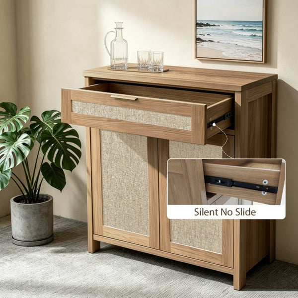 English Elm Rattan Boho Sideboard with Woven Door Panels Gold Hardware and Adjustable Shelving W3204P489399