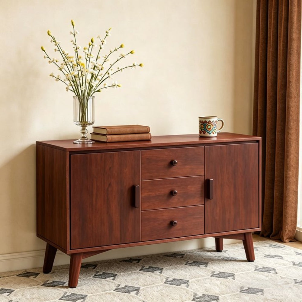English Elm 47.3 Inch Mid Century Modern Walnut Sideboard with Tapered Legs 3 Drawers 2 Doors W3204P489400
