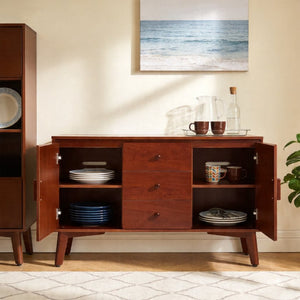 English Elm 47.3 Inch Mid Century Modern Walnut Sideboard with Tapered Legs 3 Drawers 2 Doors W3204P489400