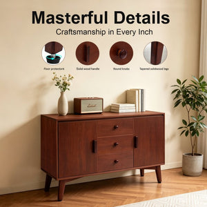 English Elm 47.3 Inch Mid Century Modern Walnut Sideboard with Tapered Legs 3 Drawers 2 Doors W3204P489400