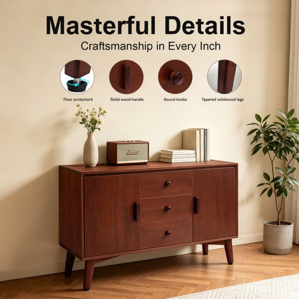 English Elm 47.3 Inch Mid Century Modern Walnut Sideboard with Tapered Legs 3 Drawers 2 Doors W3204P489400