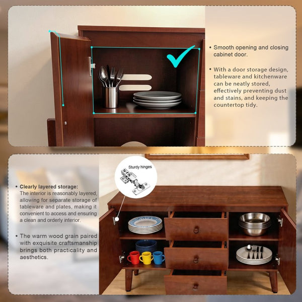 English Elm 47.3 Inch Mid Century Modern Walnut Sideboard with Tapered Legs 3 Drawers 2 Doors W3204P489400