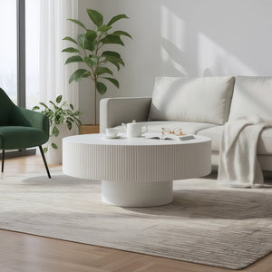 English Elm Round Fluted Pedestal Coffee Table Mid Century Modern Mdf Top for Compact Living Spaces W3204P492525