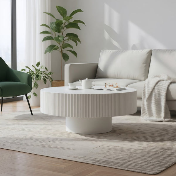 English Elm Round Fluted Pedestal Coffee Table Mid Century Modern Mdf Top for Compact Living Spaces W3204P492525
