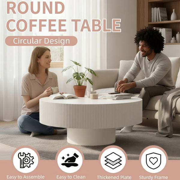 English Elm Round Fluted Pedestal Coffee Table Mid Century Modern Mdf Top for Compact Living Spaces W3204P492525