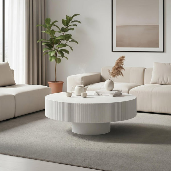 English Elm Round Fluted Pedestal Coffee Table Mid Century Modern Mdf Top for Compact Living Spaces W3204P492525