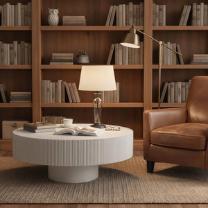 English Elm Round Fluted Pedestal Coffee Table Mid Century Modern Mdf Top for Compact Living Spaces W3204P492525
