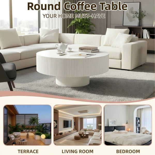 English Elm Round Fluted Pedestal Coffee Table Mid Century Modern Mdf Top for Compact Living Spaces W3204P492525