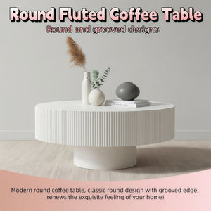 English Elm Round Fluted Pedestal Coffee Table Mid Century Modern Mdf Top for Compact Living Spaces W3204P492525