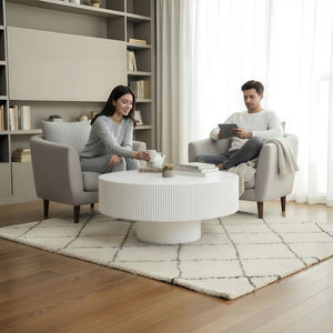 English Elm Round Fluted Pedestal Coffee Table Mid Century Modern Mdf Top for Compact Living Spaces W3204P492525