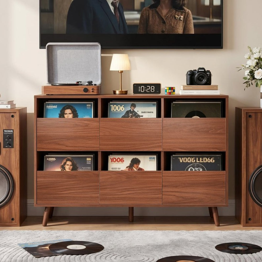 English Elm 44.1" Mid Century Walnut Turntable Stand with Vinyl Storage for Living Room W3204P495910