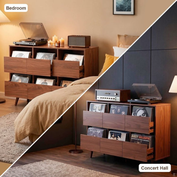 English Elm 44.1" Mid Century Walnut Turntable Stand with Vinyl Storage for Living Room W3204P495910