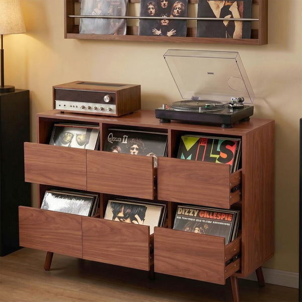 English Elm 44.1" Mid Century Walnut Turntable Stand with Vinyl Storage for Living Room W3204P495910