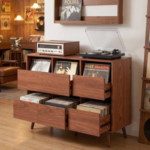 English Elm 44.1" Mid Century Walnut Turntable Stand with Vinyl Storage for Living Room W3204P495910
