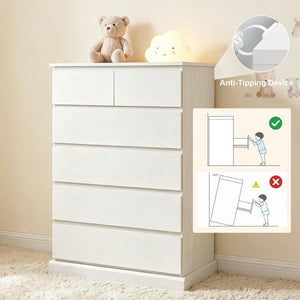 English Elm 6 Drawer Tall Wood Dresser Push Open Fronts Vertical Storage for Bedroom Entryway White W3204P496307