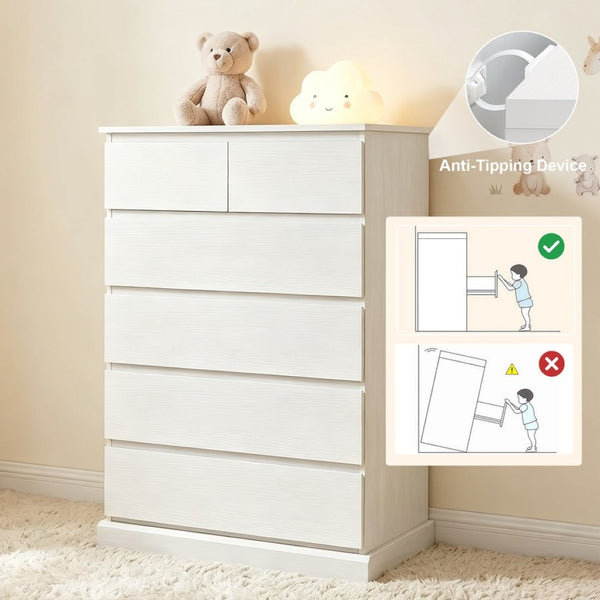 English Elm 6 Drawer Tall Wood Dresser Push Open Fronts Vertical Storage for Bedroom Entryway White W3204P496307