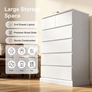 English Elm 6 Drawer Tall Wood Dresser Push Open Fronts Vertical Storage for Bedroom Entryway White W3204P496307