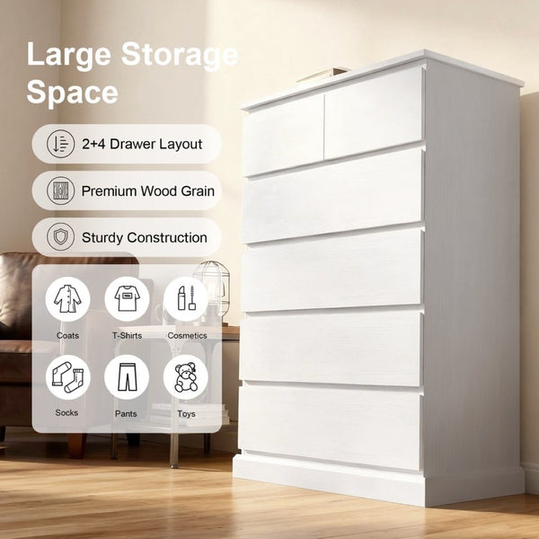 English Elm 6 Drawer Tall Wood Dresser Push Open Fronts Vertical Storage for Bedroom Entryway White W3204P496307