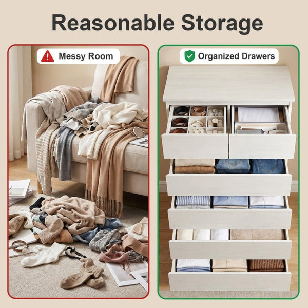 English Elm 6 Drawer Tall Wood Dresser Push Open Fronts Vertical Storage for Bedroom Entryway White W3204P496307