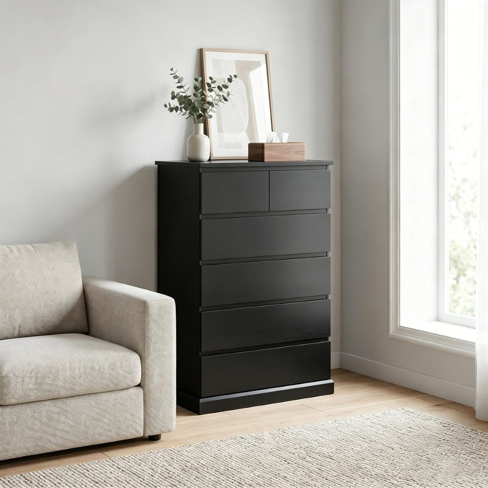 English Elm 6 Drawer Tall Wood Dresser Push Open Fronts Vertical Storage for Bedroom Entryway Black W3204P496308