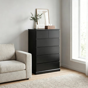 English Elm 6 Drawer Tall Wood Dresser Push Open Fronts Vertical Storage for Bedroom Entryway Black W3204P496308