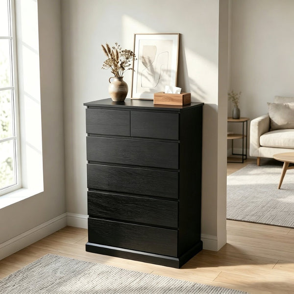 English Elm 6 Drawer Tall Wood Dresser Push Open Fronts Vertical Storage for Bedroom Entryway Black W3204P496308