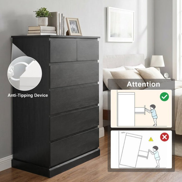 English Elm 6 Drawer Tall Wood Dresser Push Open Fronts Vertical Storage for Bedroom Entryway Black W3204P496308