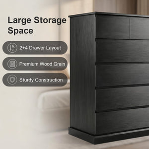 English Elm 6 Drawer Tall Wood Dresser Push Open Fronts Vertical Storage for Bedroom Entryway Black W3204P496308