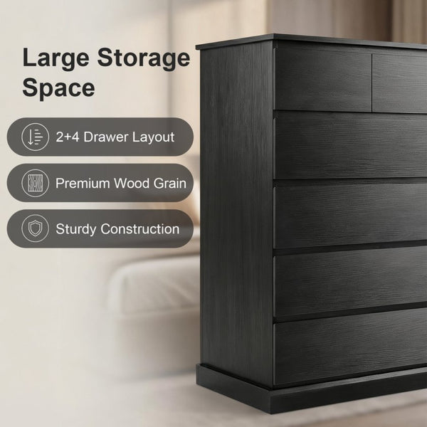 English Elm 6 Drawer Tall Wood Dresser Push Open Fronts Vertical Storage for Bedroom Entryway Black W3204P496308