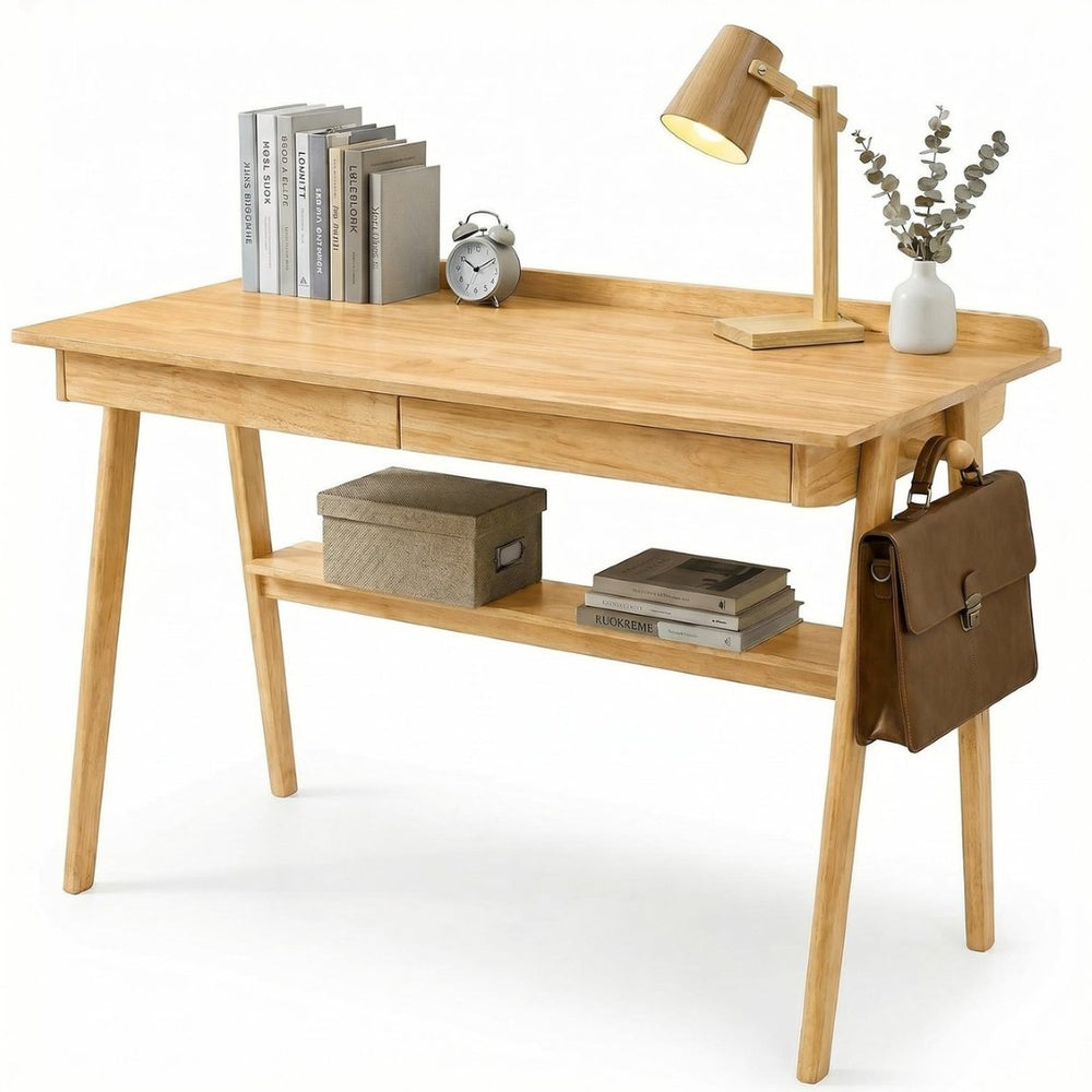English Elm Solid Wood Mid-century Writing Desk with Drawers Shelf and Hooks for Home Office W3204P496408