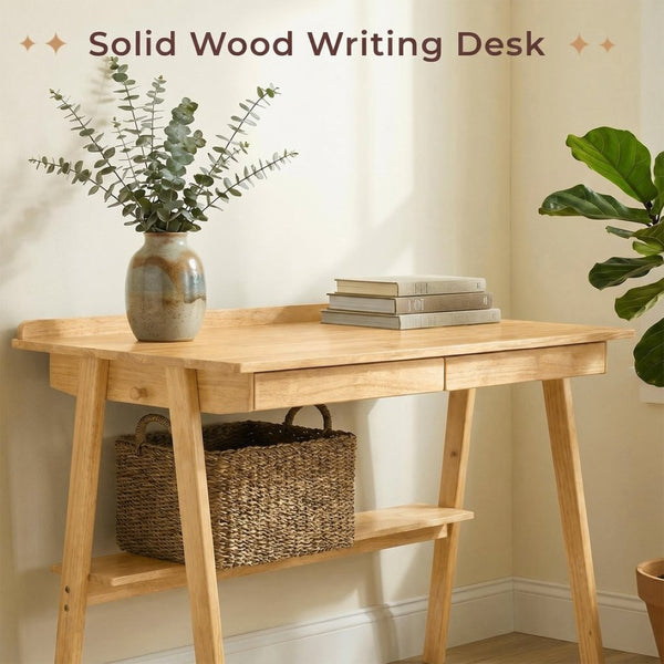 English Elm Solid Wood Mid-century Writing Desk with Drawers Shelf and Hooks for Home Office W3204P496408