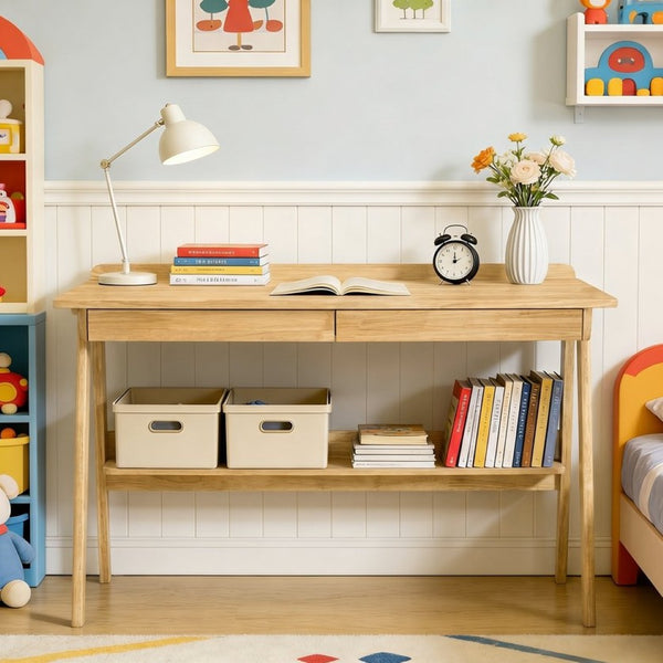 English Elm Solid Wood Mid-century Writing Desk with Drawers Shelf and Hooks for Home Office W3204P496408
