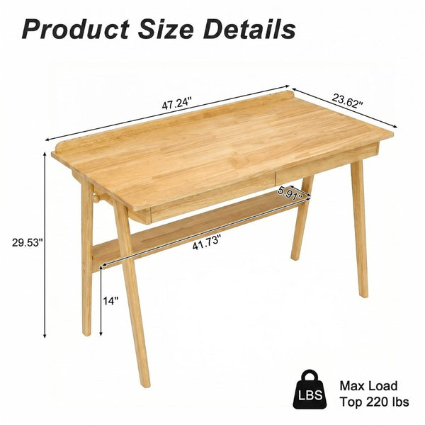 English Elm Solid Wood Mid-century Writing Desk with Drawers Shelf and Hooks for Home Office W3204P496408