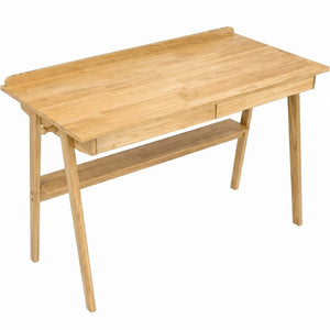 English Elm Solid Wood Mid-century Writing Desk with Drawers Shelf and Hooks for Home Office W3204P496408