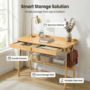English Elm Solid Wood Mid-century Writing Desk with Drawers Shelf and Hooks for Home Office W3204P496408