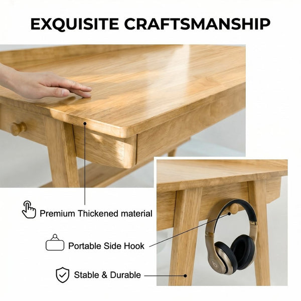 English Elm Solid Wood Mid-century Writing Desk with Drawers Shelf and Hooks for Home Office W3204P496408