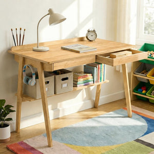 English Elm Solid Wood Mid-century Writing Desk with Drawers Shelf and Hooks for Home Office W3204P496408