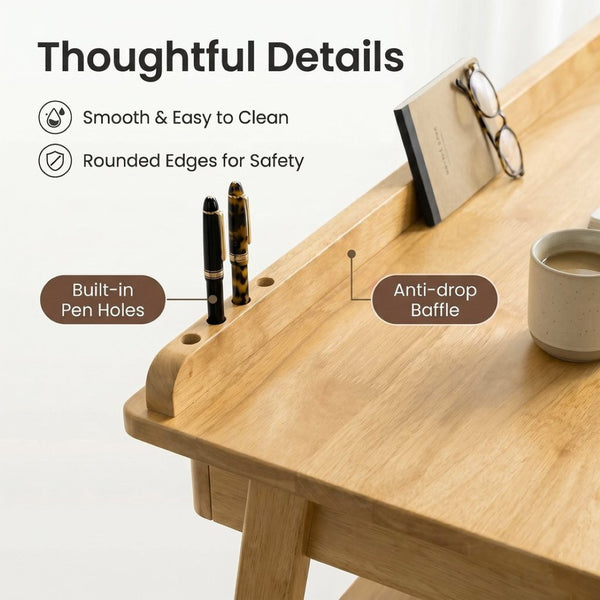 English Elm Solid Wood Mid-century Writing Desk with Drawers Shelf and Hooks for Home Office W3204P496408