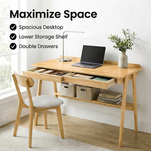 English Elm Solid Wood Mid-century Writing Desk with Drawers Shelf and Hooks for Home Office W3204P496408