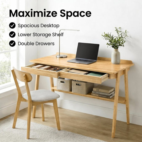 English Elm Solid Wood Mid-century Writing Desk with Drawers Shelf and Hooks for Home Office W3204P496408