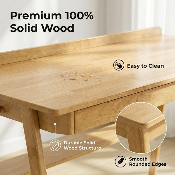 English Elm Solid Wood Mid-century Writing Desk with Drawers Shelf and Hooks for Home Office W3204P496408