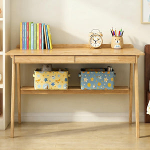 English Elm Solid Wood Mid-century Writing Desk with Drawers Shelf and Hooks for Home Office W3204P496408