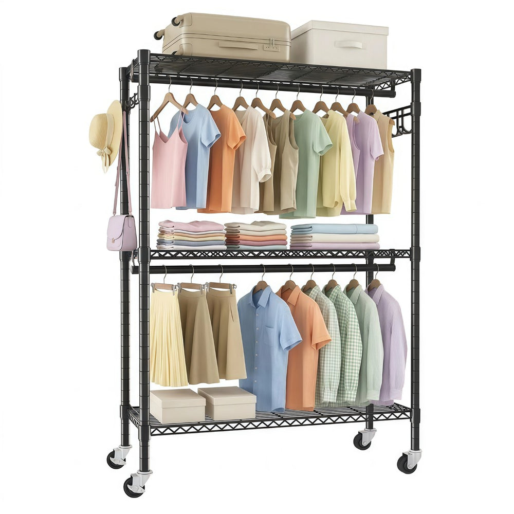 English Elm Rolling Garment Rack Heavy Duty Carbon Steel with Wire Shelves and Dual Hanging Rods W3204P504601