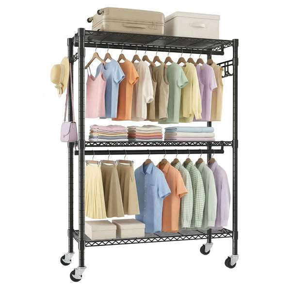 English Elm Rolling Garment Rack Heavy Duty Carbon Steel with Wire Shelves and Dual Hanging Rods W3204P504601