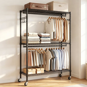 English Elm Rolling Garment Rack Heavy Duty Carbon Steel with Wire Shelves and Dual Hanging Rods W3204P504601