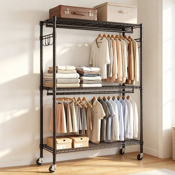 English Elm Rolling Garment Rack Heavy Duty Carbon Steel with Wire Shelves and Dual Hanging Rods W3204P504601