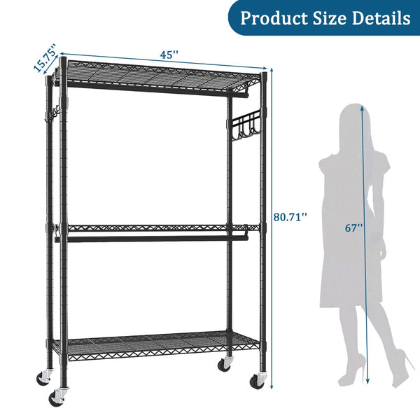 English Elm Rolling Garment Rack Heavy Duty Carbon Steel with Wire Shelves and Dual Hanging Rods W3204P504601