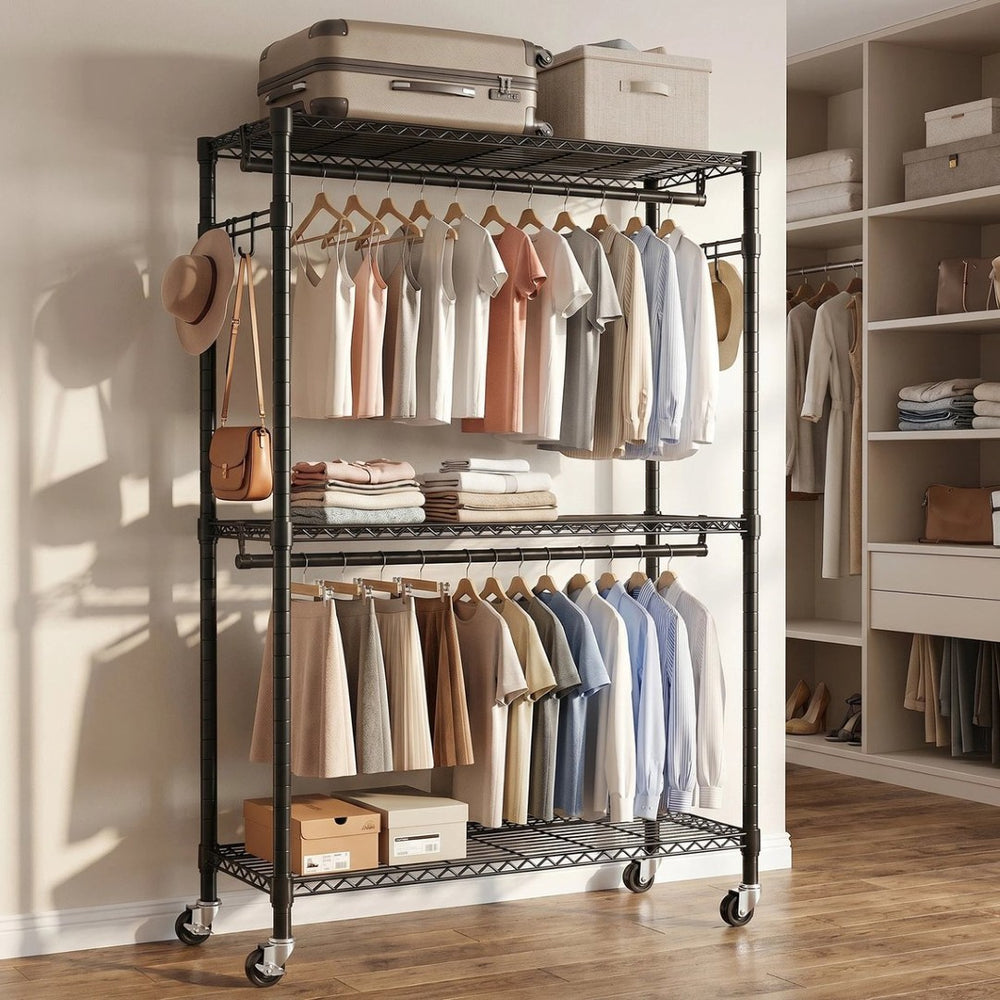 English Elm Rolling Garment Rack Heavy Duty Carbon Steel with Wire Shelves and Dual Hanging Rods W3204P504601