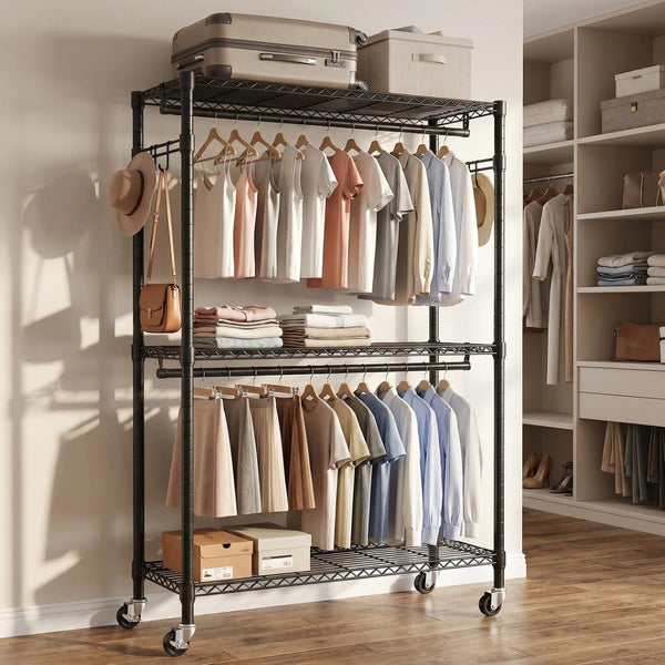 English Elm Rolling Garment Rack Heavy Duty Carbon Steel with Wire Shelves and Dual Hanging Rods W3204P504601